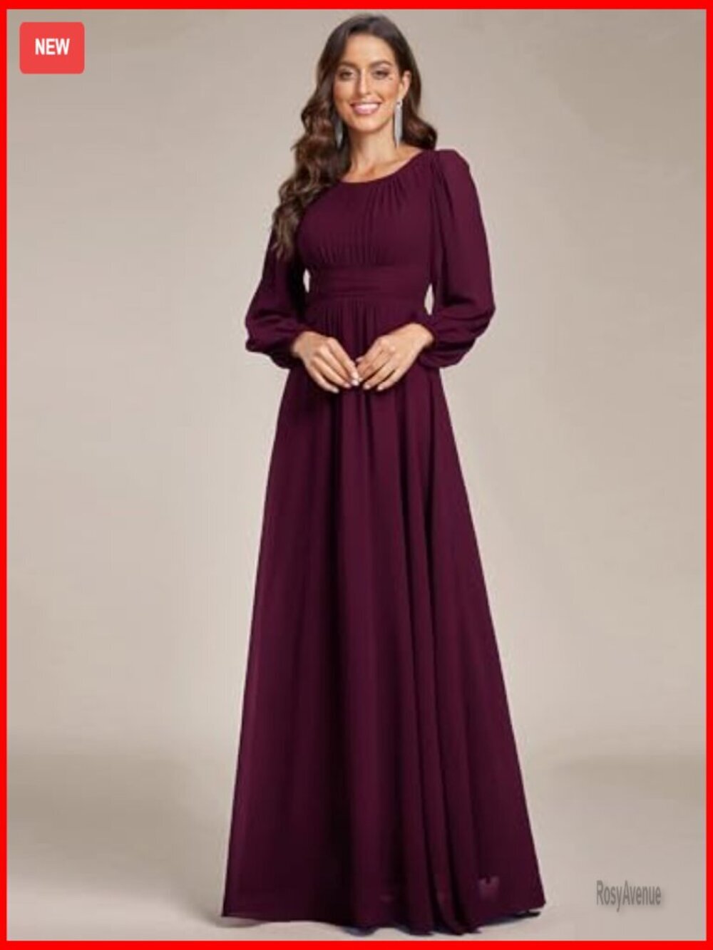 Floor Length Formal Dress Long Sleeve Chiffon A-Line Pleated Evening Gown - Picture 4 of 7